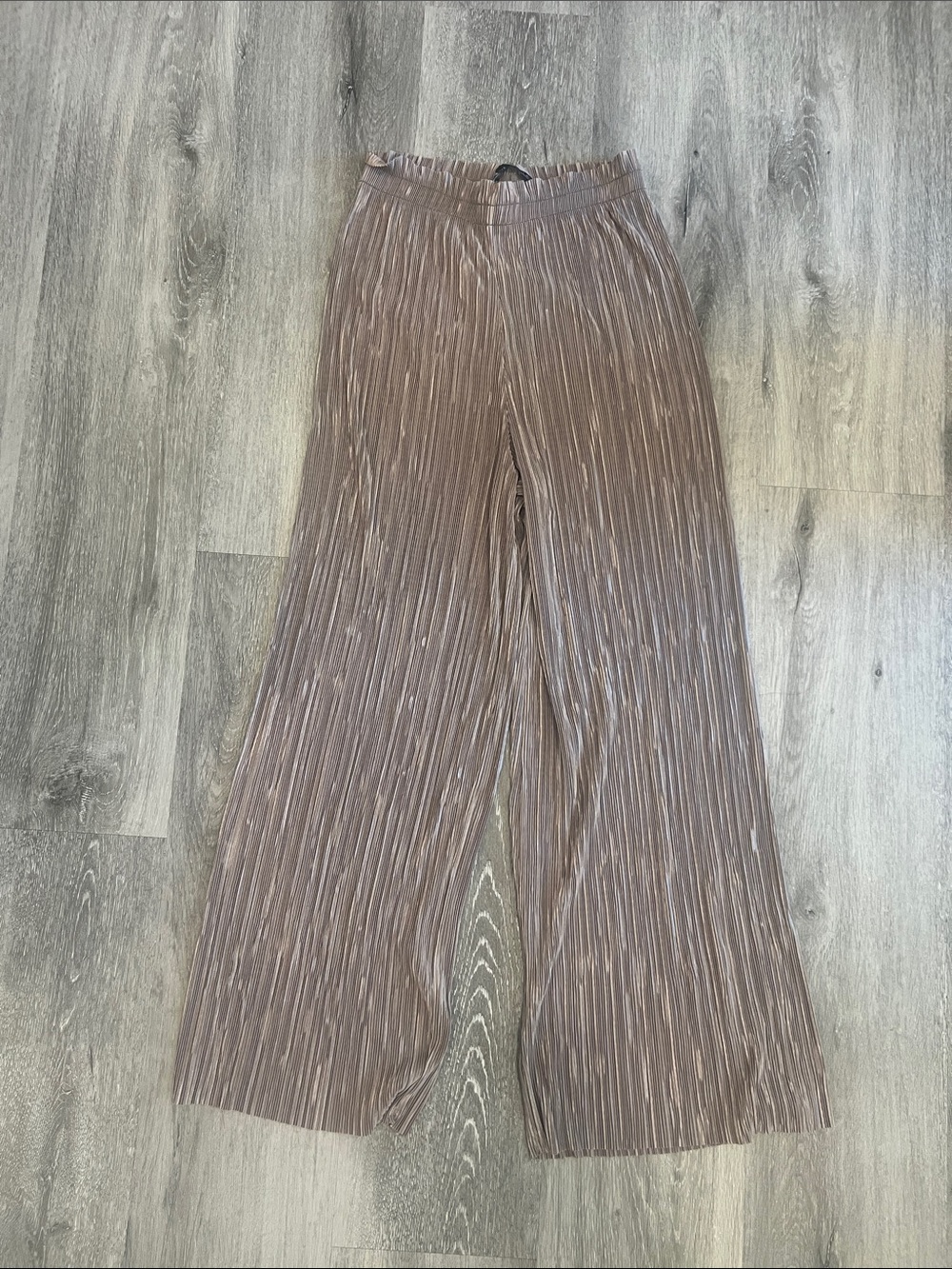 Zara Metallic Taupe Wide-Leg Pleated Pants
